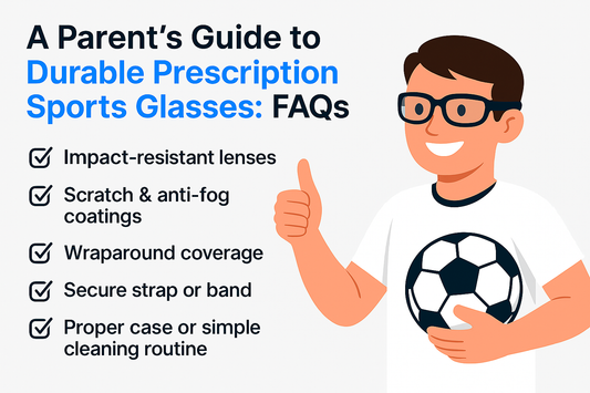 A cartoon character gives a thumbs up next to a guide on durable prescription sports glasses for parents.