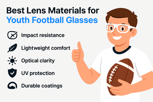 Illustration of a smiling child with glasses holding a football, next to a list of features for youth football glasses.