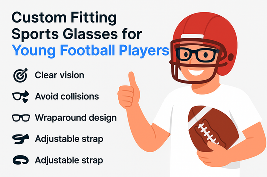 Illustration of a young football player wearing custom sports glasses, highlighting benefits like clear vision and adjustable straps.
