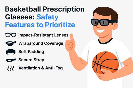 A cartoon person with sunglasses holds a basketball next to a list of safety features for basketball prescription glasses.