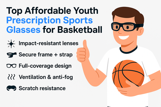 Illustration promoting affordable youth prescription sports glasses for basketball, highlighting impact-resistant lenses and other features.