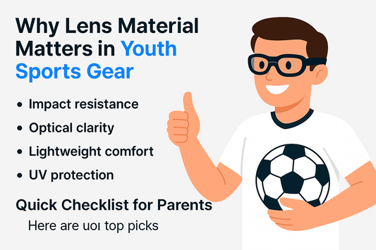 A smiling person wearing glasses holds a soccer ball next to a checklist about lens materials for youth sports gear.