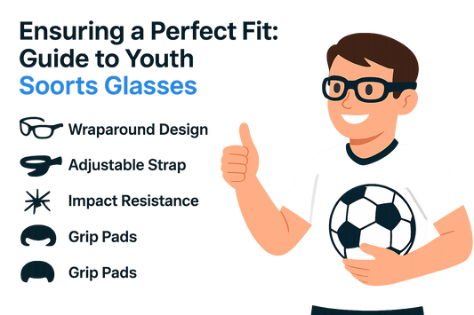 Illustration of a child wearing sports glasses and holding a soccer ball, highlighting features like wraparound design and impact resistance.