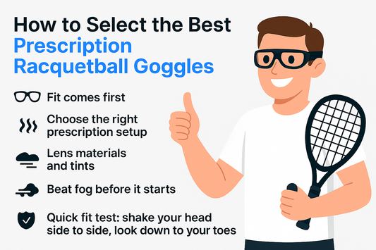 Illustrated guide on selecting the best prescription racquetball goggles with a smiling person holding a racquet.