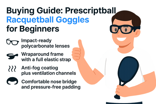 A man gives a thumbs up while holding a racquet, next to buying guide tips for prescriptive racquetball goggles.