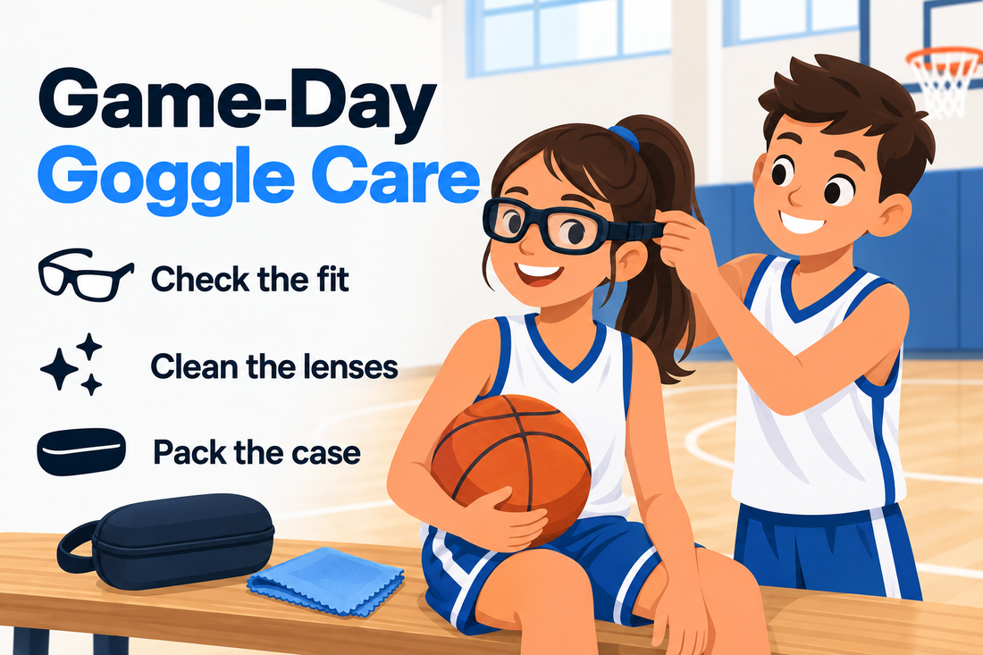 Girl and boy basketball players checking prescription goggles and a care kit beside an indoor court
