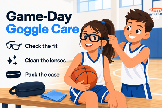 Girl and boy basketball players checking prescription goggles and a care kit beside an indoor court