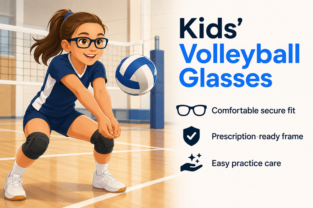 Young girl volleyball player wearing prescription sports glasses, ready to receive a ball in a bright indoor gym.