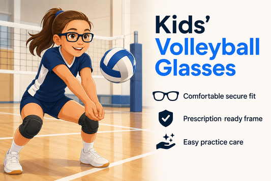 Young girl volleyball player wearing prescription sports glasses, ready to receive a ball in a bright indoor gym.
