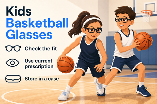 Editorial illustration of a girl and boy wearing prescription basketball glasses on an indoor court.