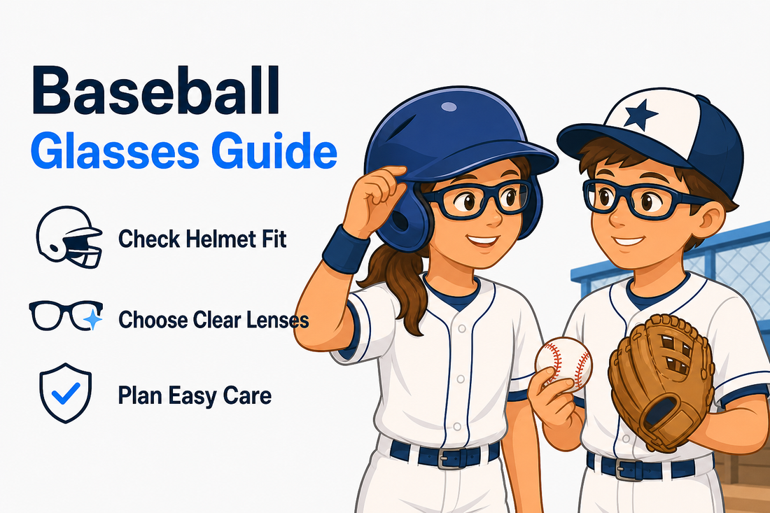 Girl and boy baseball players checking the fit of prescription sports glasses beside helmets and gloves