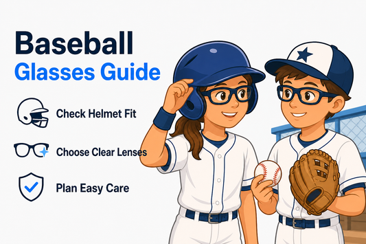 Girl and boy baseball players checking the fit of prescription sports glasses beside helmets and gloves