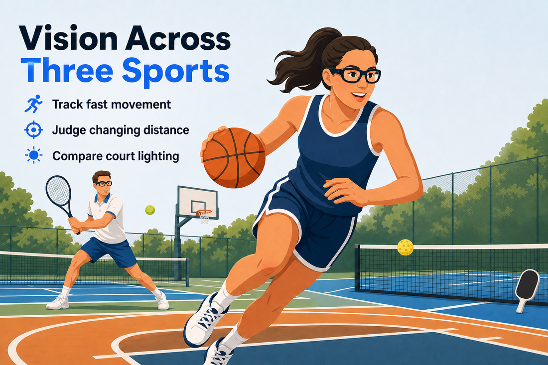 Woman with a tennis racket and man with a basketball beside a pickleball court