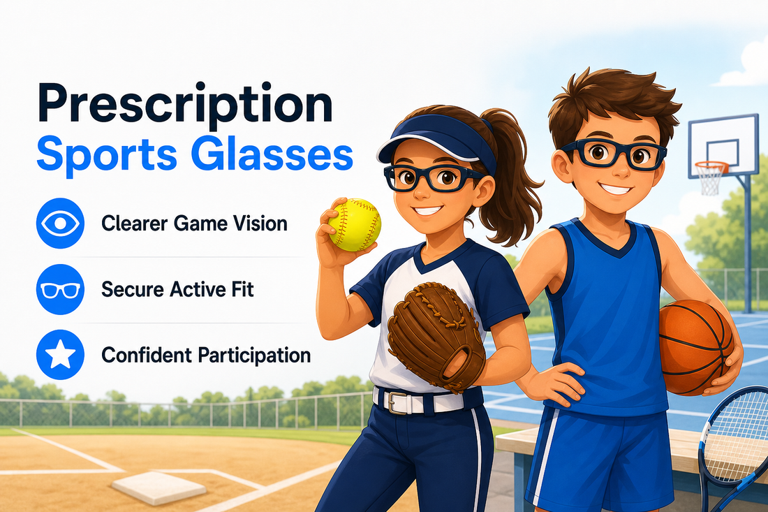 Girl and boy athletes in prescription sports glasses with softball, basketball, and tennis equipment