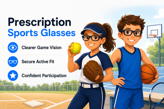 Girl and boy athletes in prescription sports glasses with softball, basketball, and tennis equipment