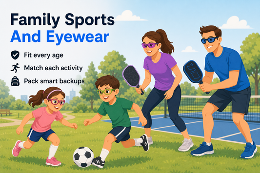 Active family with children playing soccer and parents holding pickleball paddles in sports eyewear
