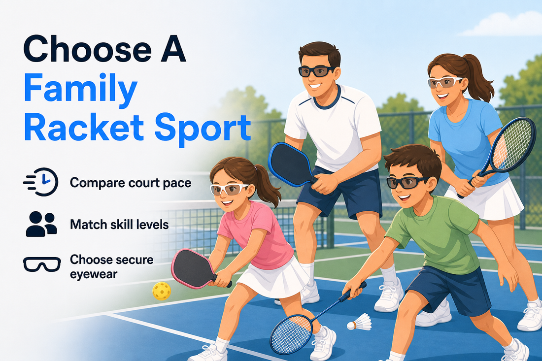 Family holding tennis, pickleball, badminton, and squash equipment while wearing sports eyewear