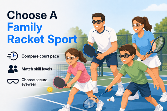 Family holding tennis, pickleball, badminton, and squash equipment while wearing sports eyewear