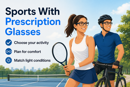 Woman playing tennis and man cycling while wearing prescription-friendly sports glasses