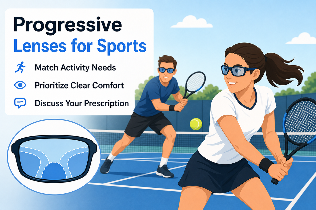 Editorial illustration of adult tennis players wearing sports glasses with a close-up of progressive lens zones.