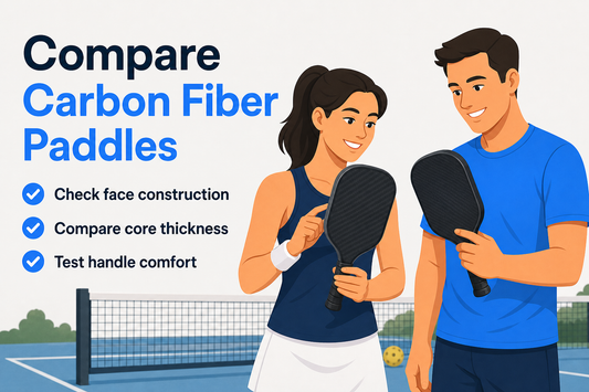 Editorial illustration of an adult woman and man comparing carbon fiber pickleball paddles on a court