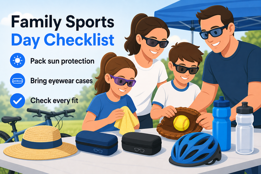 Mother, father, girl, and boy organizing sports glasses and outdoor gear for a family sports day