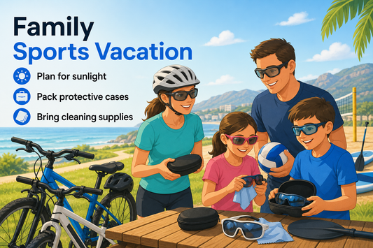 Family preparing for cycling, beach volleyball, and paddle sports with eyewear cases and sports glasses