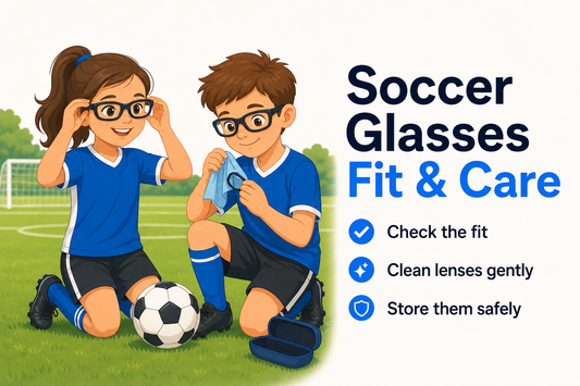 Two young soccer players wearing prescription sports glasses on a field with fit and care tips beside them.