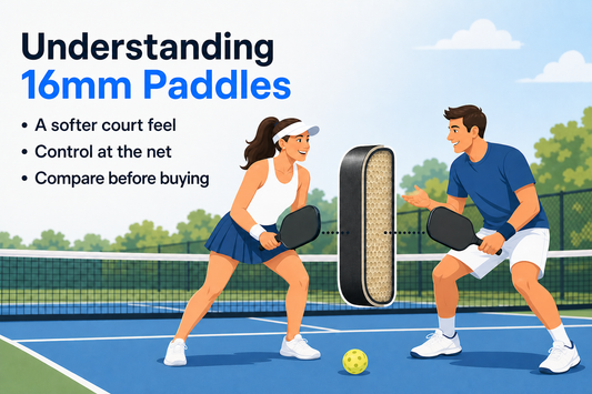 Editorial illustration of adult pickleball players comparing a 16mm paddle on an outdoor court