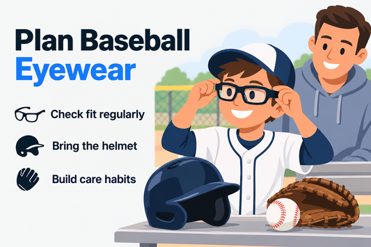 Young baseball player checking sports glasses beside a batting helmet and glove.