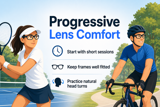 Editorial illustration of two adult athletes using progressive-lens sports glasses while playing tennis and cycling.