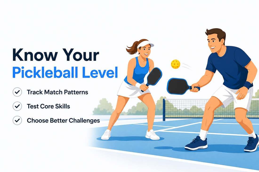 Adult pickleball players reviewing a skill checklist beside a court with paddles and a ball