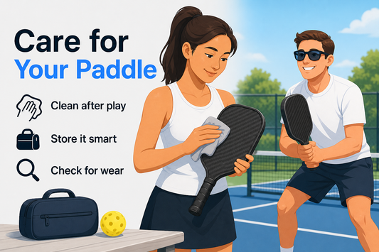 Editorial illustration of adult pickleball players caring for a carbon fiber paddle beside an outdoor court