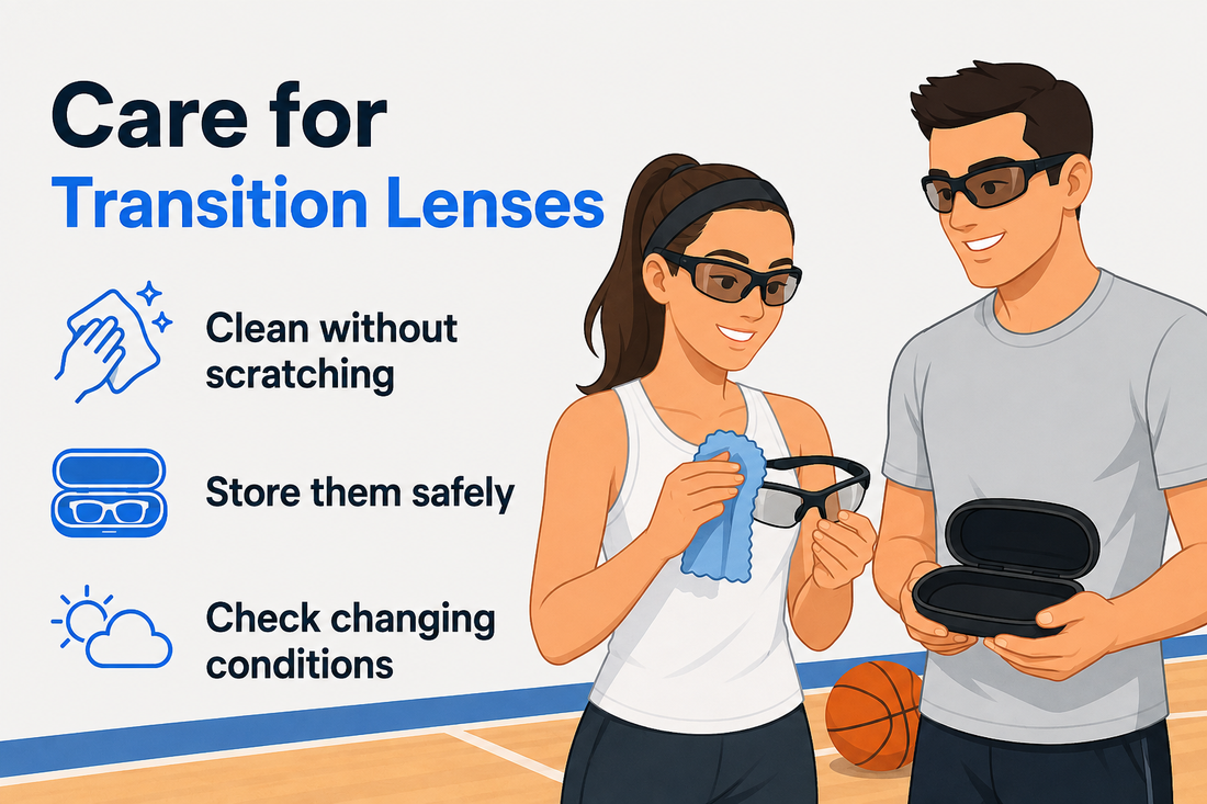 Editorial illustration of two adult athletes cleaning sports glasses beside a tennis court in changing daylight