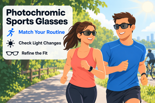 Editorial illustration of active adults wearing sports glasses while running and cycling outdoors.
