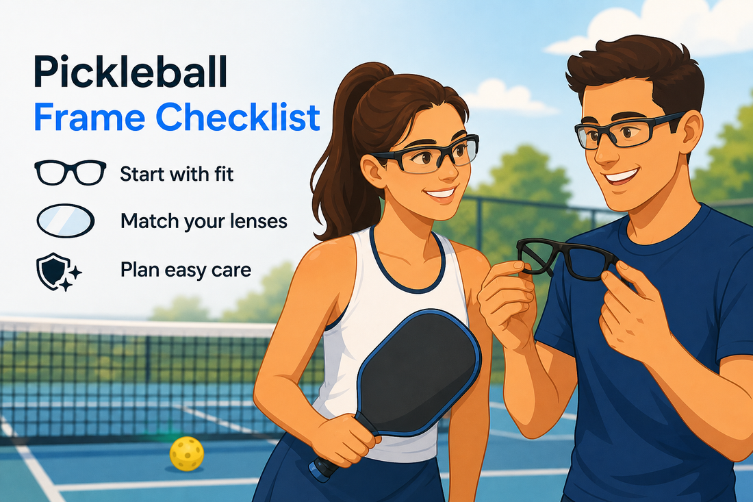 Editorial illustration of adult pickleball players comparing comfortable sports glasses frames beside a court