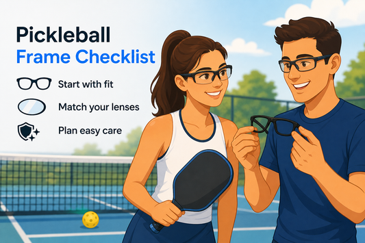 Editorial illustration of adult pickleball players comparing comfortable sports glasses frames beside a court