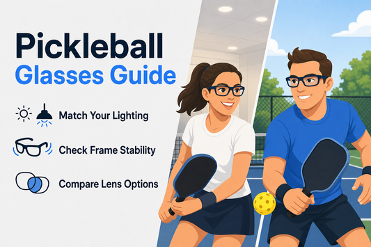 Adult woman and man wearing prescription sports glasses while playing pickleball on an outdoor court
