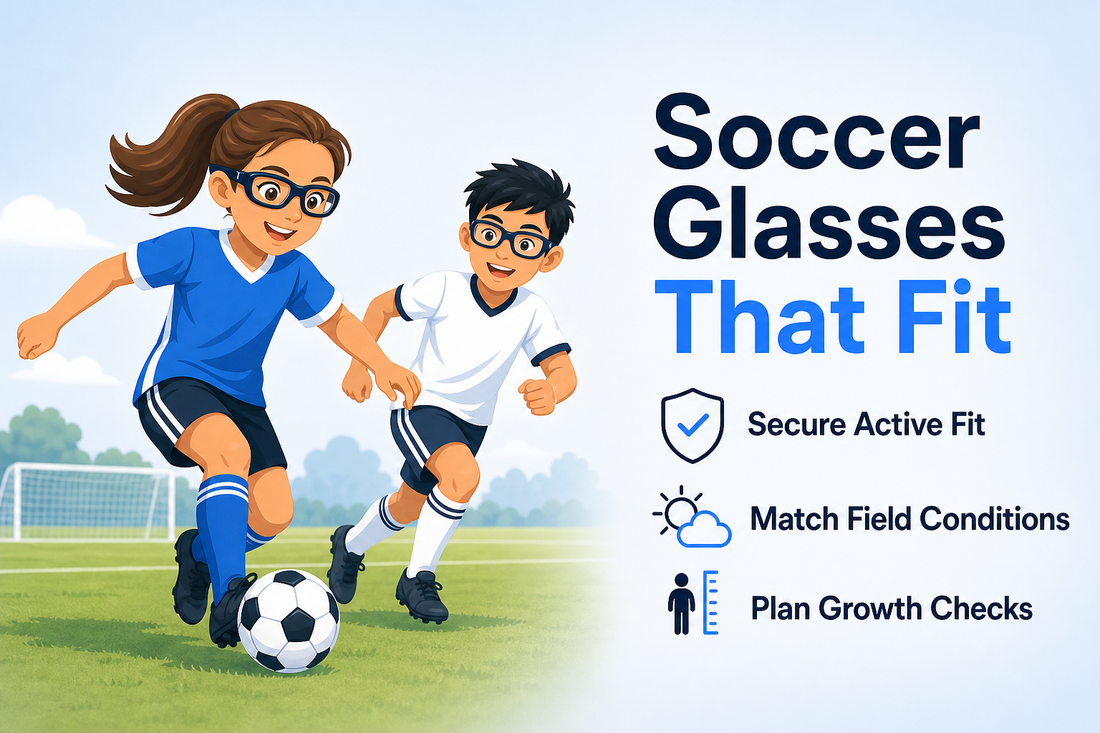 Editorial illustration of a girl and boy playing soccer in prescription sports glasses