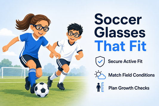 Editorial illustration of a girl and boy playing soccer in prescription sports glasses