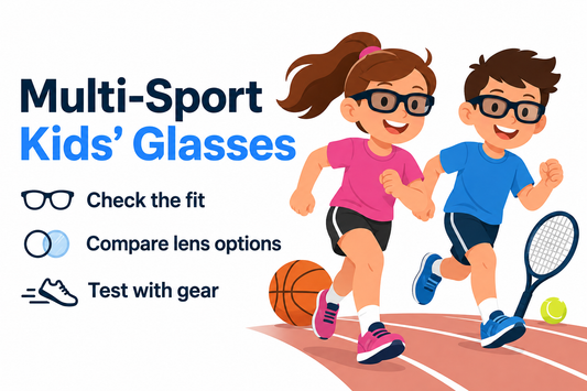 Girl and boy wearing sports glasses while preparing for running and basketball, with a tennis racket nearby