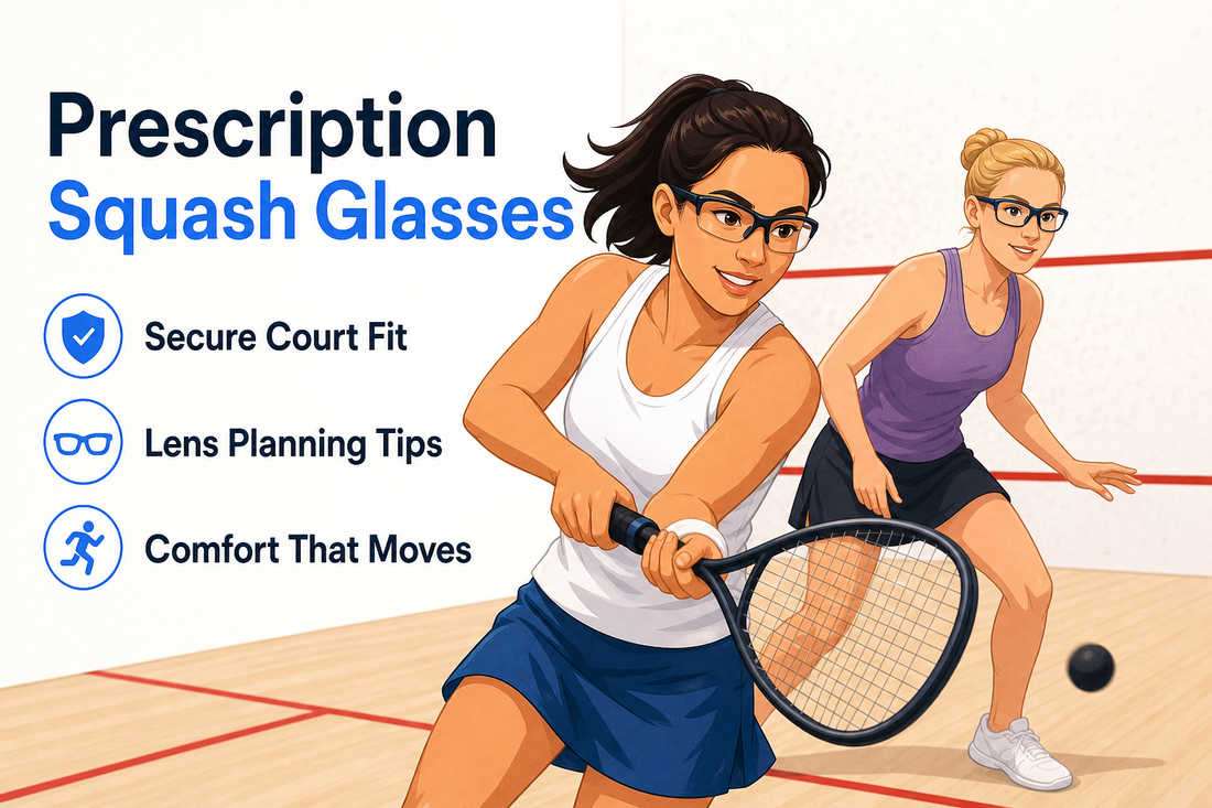 Editorial illustration of two adult women playing squash indoors while wearing prescription sports glasses.