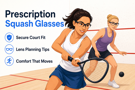 Editorial illustration of two adult women playing squash indoors while wearing prescription sports glasses.