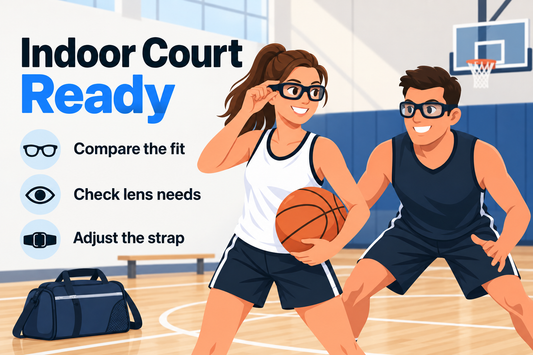 Editorial illustration of two adult basketball players wearing sports glasses on an indoor court