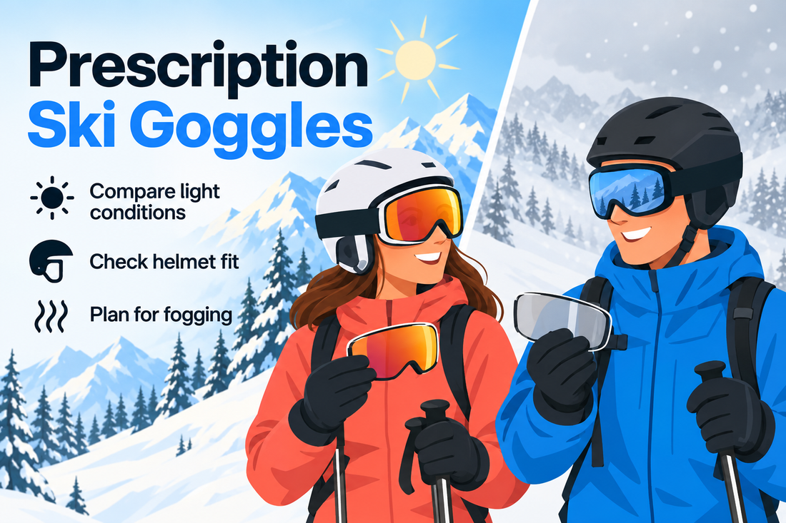 Adult skier comparing prescription ski goggle options against sunny and cloudy mountain conditions