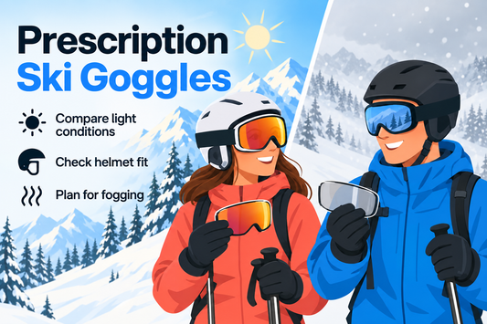 Adult skier comparing prescription ski goggle options against sunny and cloudy mountain conditions