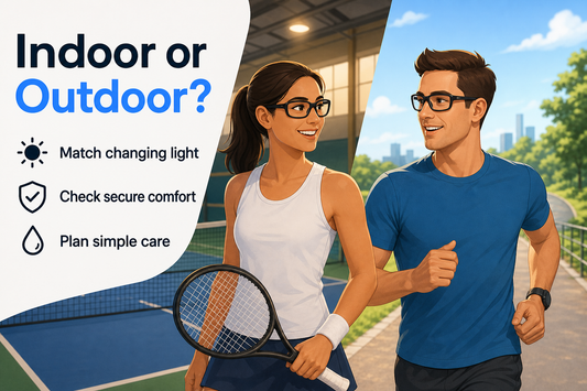 Editorial illustration of adult athletes comparing prescription sports glasses for a tennis court and outdoor running path
