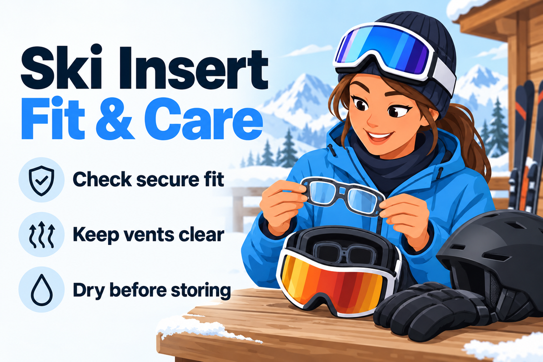 Adult skier checking a prescription insert inside ski goggles beside a snowy lodge