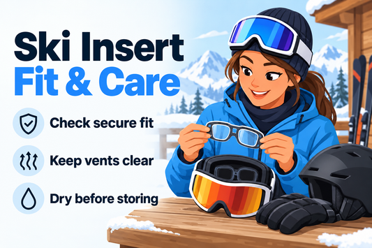 Adult skier checking a prescription insert inside ski goggles beside a snowy lodge