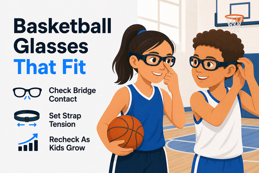 Girl and boy basketball players checking the fit and strap position of their prescription sports glasses